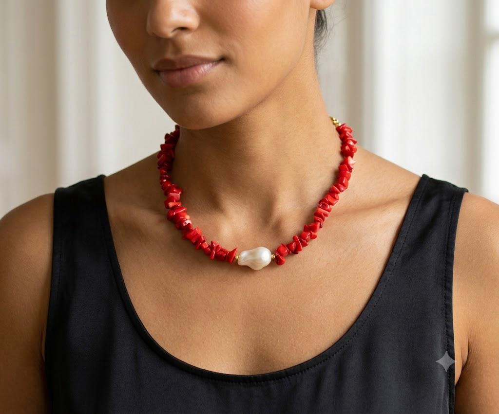 Collana Girocollo "Natural Soul" – Corallo e Perla Barocca