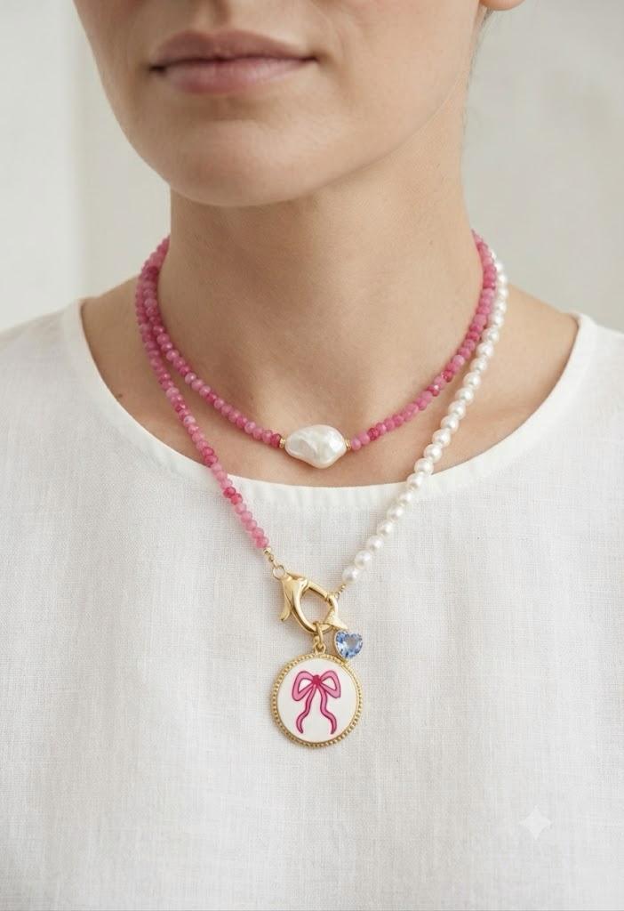 Combo "Fiocco" - Set di Due Collane Artigianali con Pietre Dure, Perle e Acciaio Inossidabile Anallergico