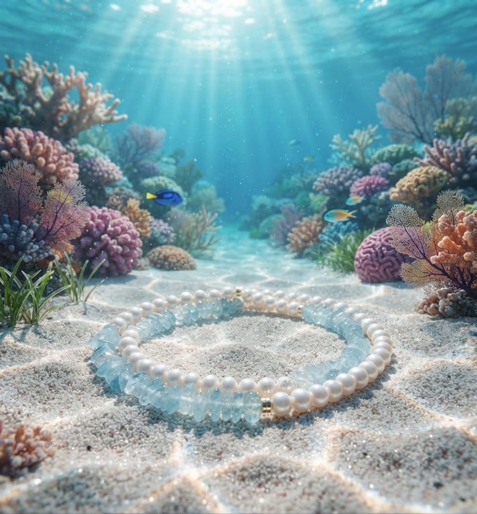 Collana Chips Acqua Marina fotografata su un fondale marino tra coralli e sabbia bianca