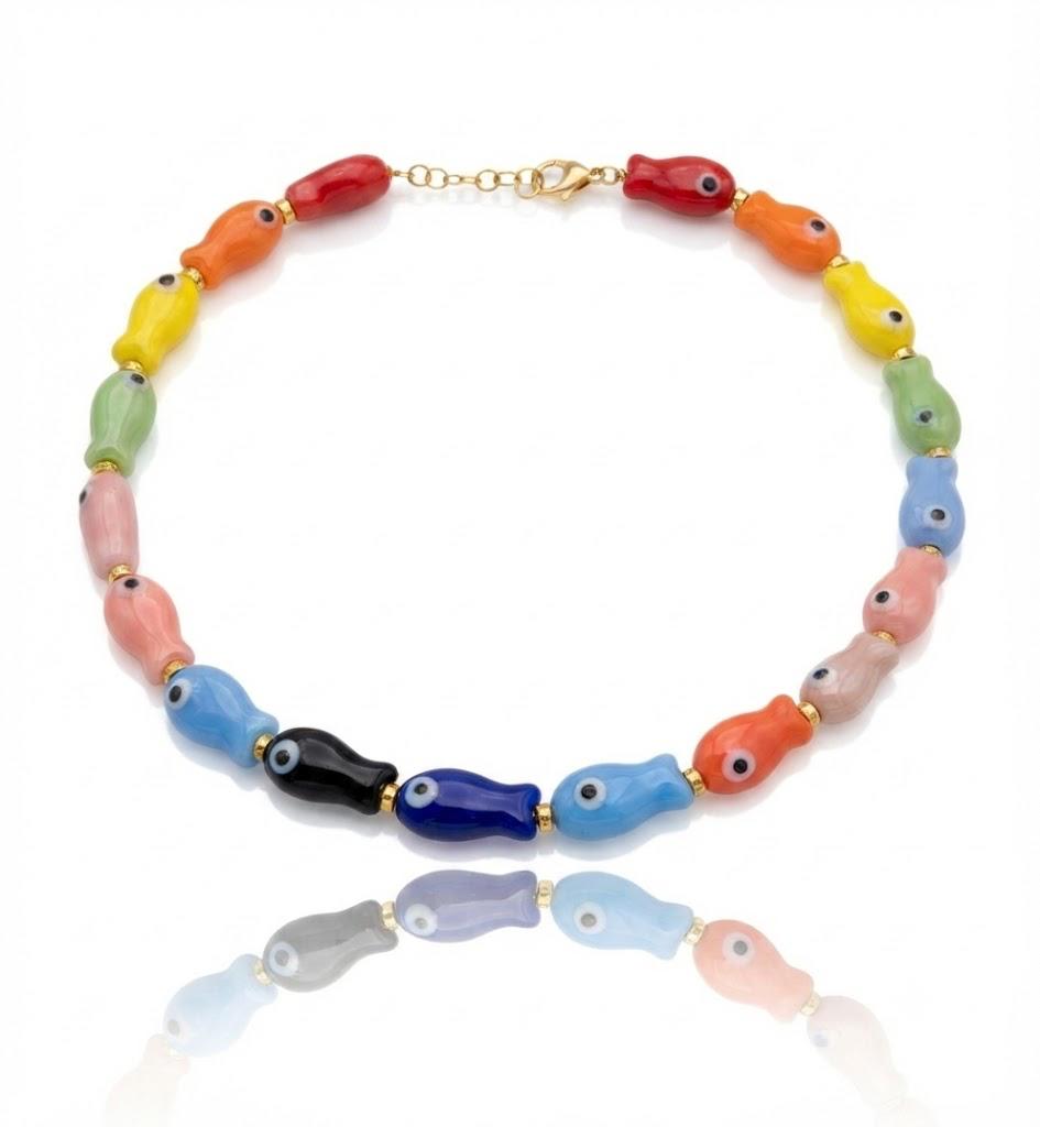 Collana girocollo artigianale con pesciolini in ceramica multicolore e acciaio inossidabile - Dea Creazioni