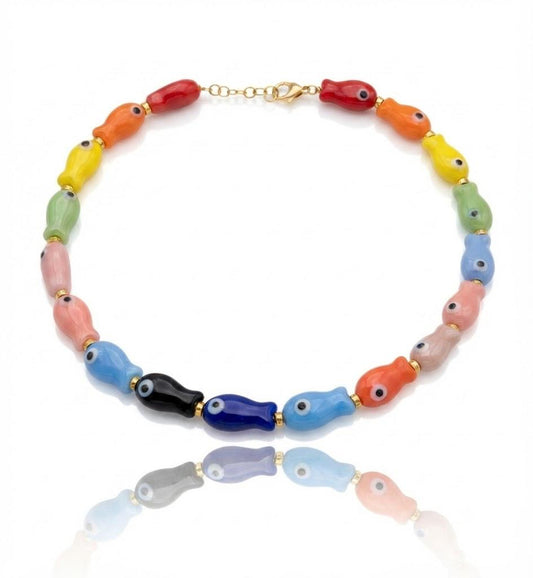 Collana girocollo artigianale con pesciolini in ceramica multicolore e acciaio inossidabile - Dea Creazioni