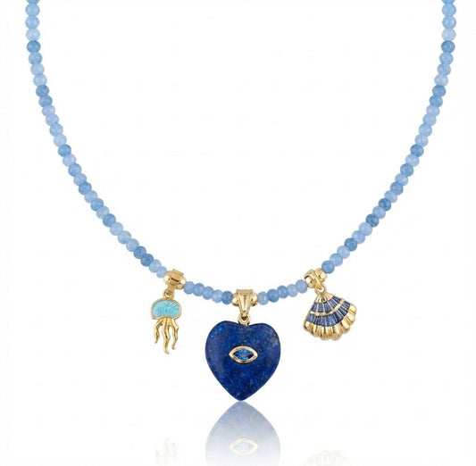 Collana Girocollo in Pietra Dura di Zircone Azzurro con Ciondoli e Cuore Centrale in Acciaio Inossidabile Anallergico