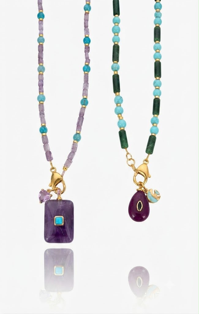 Collana "Ametista & Turchese" con Ciondolo Rettangolare e Charm Cuore