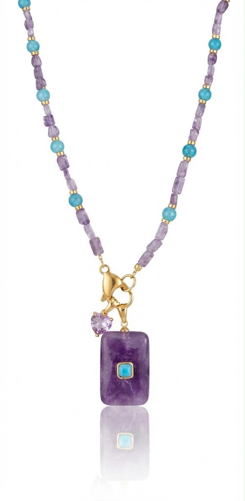Collana "Ametista & Turchese" con Ciondolo Rettangolare e Charm Cuore