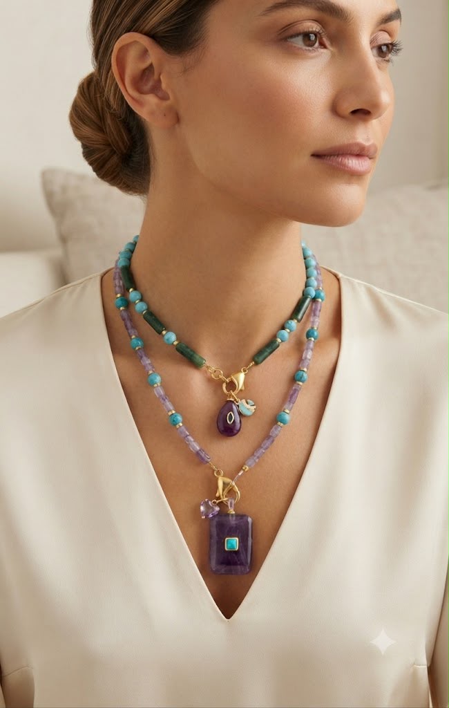 Collana "Ametista & Turchese" con Ciondolo Rettangolare e Charm Cuore